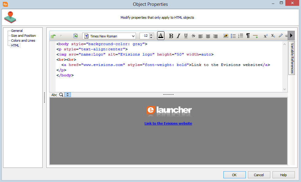 HTML editor showing colored markup in the object properties dialog box.